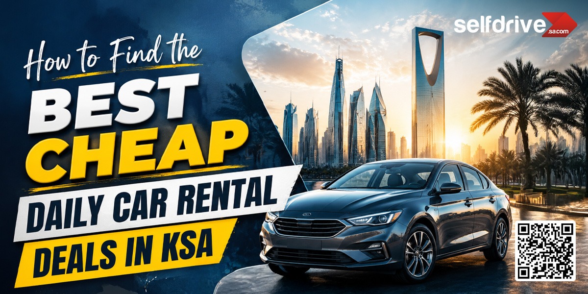 Alt text: "Advertisement for affordable car rentals in KSA. Features a sleek car in front of Riyadh's skyline at sunset, with bold text highlighting deals."